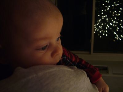 Jakob looking at his 1st Christmas tree